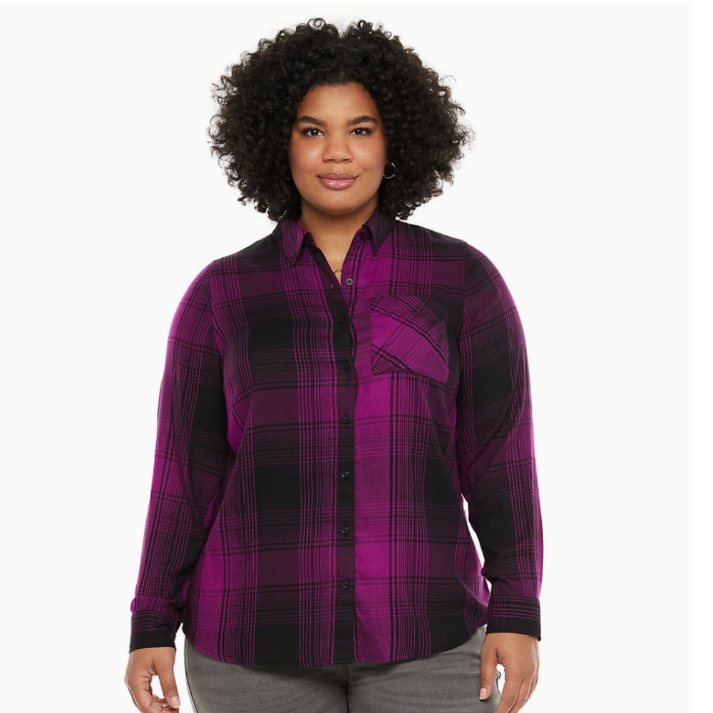 Evri purple/black button down twill flannel shirt